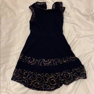 Navy and gold fit and flare dress